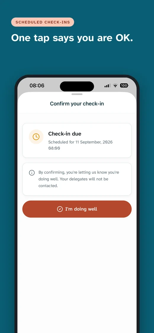 A Check-in due at a set date and time, with a single I'm doing well button